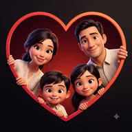 Gemini AI Generated 3D stylized illustration of an Asian family smiling and leaning forward from behind a heart-shaped border with soft studio lighting.