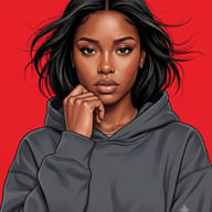 Thoughtful Black Woman in Hoodie Digital Illustration AI Photo Editing Prompt. AI generated digital illustration portrait of a thoughtful young woman in a grey hoodie, her hand on her chin, with windswept brown hair against a solid red background.