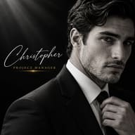 ChatGPT AI Generated Luxury editorial portrait of a handsome man in a tailored suit with Christopher written in white script on dark negative space
