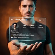 AI generated image of a Handsome man with an open palm supporting a floating transparent Instagram profile display.