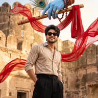 AI-generated fantasy portrait of a modern young man posing in ancient fort ruins with a large blue-skinned hand holding a decorated flute and red scarves floating above him.