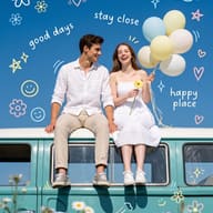 Happy Couple on a Vintage Teal Van with Playful Doodles AI Photo Editing Prompt. AI generated digital mixed-media illustration of a couple on a teal van roof with pastel balloons, daisies, and a sky full of hand-drawn hearts, stars, and playful text doodles.