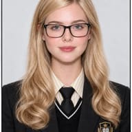 AI Photo Prompt: Premium school yearbook portrait of a blonde girl with glasses in a formal black school blazer and tie.