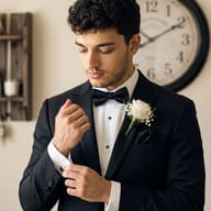 AI generated portrait of a young groom in a black tuxedo adjusting his cufflink, wearing a white rose boutonniere, with a vintage clock in the background.