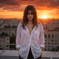 AI Photo Prompt: Moody sunset portrait of a thoughtful young woman looking down while standing on a city roof in an unbuttoned white shirt.