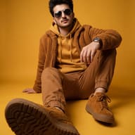 AI generated studio portrait of a young man with dark hair wears a brown teddy jacket, mustard hoodie, and matching brown joggers, sitting casually against a bright yellow background.
