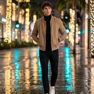 Cinematic Urban Portrait AI Photo Editing Prompt. AI generated portrait of a stylish man in a tan jacket walking down a wet city street at night with glowing lights.