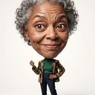 AI Prompt: Ultra-realistic caricature studio shot of an elegant older woman with grey curls featuring an oversized head and tiny body wearing a patterned jacket.