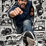 ChatGPT AI-generated photorealistic man jumping forward, breaking out of a 2D manga comic page illusion.
