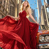 Crimson Gown Beneath the Manhattan Sky AI Photo Editing Prompt