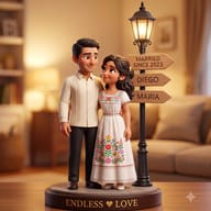 AI generated 3d miniature art diorama of a loving couple in embroidered attire by a cozy vintage lamp.