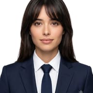 AI Photo Prompt: Front-facing business headshot of a woman with bangs wearing a tailored navy suit and tie on a seamless white background.