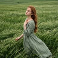 Serene Woman Field Portrait AI Photo Editing Prompt. AI generated outdoor portrait of a red-haired woman in a green dress standing peacefully in a windy grass field.