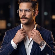 Sophisticated Male Portrait AI Photo Editing Prompt. AI generated photorealistic studio portrait of a man with a mustache and glasses wearing a pinstripe suit adjusting his collar at night.