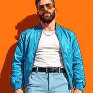 AI Photo Prompt: Highly dimensional digital fashion illustration of a bearded man with amber sunglasses against an orange wall.