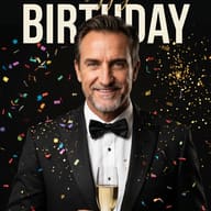 Men's Birthday Celebration AI Photo Editing Prompt. AI generated studio portrait of a smiling mature man in a black tuxedo holding a champagne flute, surrounded by colorful confetti and "happy BIRTHDAY" text.