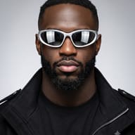 Black Man in Futuristic Sunglasses Studio Portrait AI Photo Editing Prompt. AI generated studio portrait of a handsome bearded man wearing sporty silver sunglasses and a black jacket against a grey background.