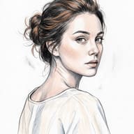 AI generated digital illustration and graphite sketch portrait of a young woman with dark, detailed hair in a bun looking over her shoulder.