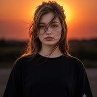AI-generated moody portrait of a young woman with windswept brown hair in an oversized black t-shirt, backlit by a glowing orange sunset.