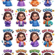 3D Girl Emotion Sticker Pack Prompt. AI generated 3D digital illustration of a sticker sheet featuring a cartoon girl with glasses displaying sixteen diverse facial expressions and moods with text labels.