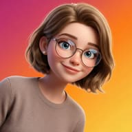 Girl with Glasses 3D Pixar Style Portrait Prompt. AI generated 3D digital illustration of a smiling girl with short wavy hair and round glasses against a vibrant gradient background.