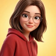Girl in Red Hoodie with Glasses Avatar AI Prompt. AI generated 3D digital illustration portrait of a smiling young woman with brown hair and round spectacles wearing a red hoodie against a yellow background.