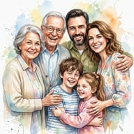 Happy Family Watercolor Portrait Google Gemini AI Prompt. AI generated watercolor digital illustration of a smiling multi-generational family including grandparents, parents, and two children hugging together.