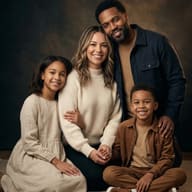Happy Family in Earth Tones AI Photo Editing Prompt. AI generated studio portrait of a smiling family of four wearing coordinated warm-colored outfits against a dark textured background.