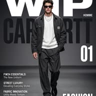 AI generated digital fashion magazine cover of a man wearing a charcoal utility jacket and sunglasses walking forward in a professional studio setting.