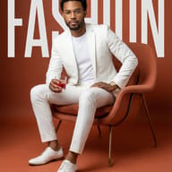 A stylish man in a white suit and glasses sits in a terracotta chair holding a red drink. Bold "FASHION" text frames this sleek, high-fashion editorial portrait.