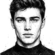 AI generated digital sketch illustration of a handsome young man with messy hair and sharp features wearing a black turtleneck sweater.