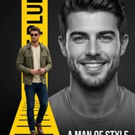 Man in Fashion Poster AI Photo Editing Prompt. AI generated digital illustration and portrait of a man in an olive jacket walking on a yellow graphic path next to a large black and white close-up.
