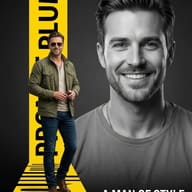Man in Olive Jacket Fashion Poster Editing Prompt. AI generated digital fashion poster showcasing a man in an olive field jacket and jeans alongside a large black-and-white smiling portrait.