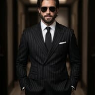 Man in Black Pinstripe Suit AI Photo Editing Prompt. AI generated portrait of a bearded man wearing a black double-breasted pinstripe suit and sunglasses standing in a hallway.