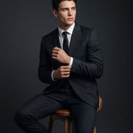 Man in Black Suit Adjusting Cufflink AI Photo Editing Prompt. AI generated studio portrait of a sharp-dressed man in a black suit sitting on a wooden stool while adjusting his cufflink against a dark grey background.