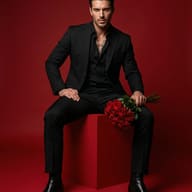 Man in Black Suit with Red Roses Portrait Prompt. AI generated studio portrait of a stylish man in a black suit sitting on a red cube and holding a bouquet of red roses against a solid red background.