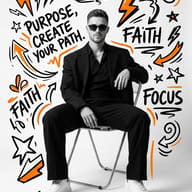 AI generated mixed media portrait of a man in a black suit and sunglasses sitting on a chair, surrounded by orange and black graphic text and doodles.