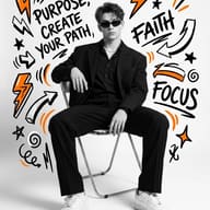 Stylish Man with Motivational Doodles AI Photo Editing Prompt. AI generated digital illustration of a young man in a black suit sitting on a chair, featuring hand-drawn motivational text like 'PURPOSE' and 'FAITH' in black and orange.