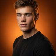 Man in Black T-shirt on Orange Background AI Photo Editing Prompt. AI generated studio portrait of a young man with wavy brown hair and sharp features wearing a black t-shirt against a vibrant orange backdrop.