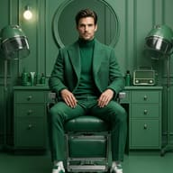 AI generated fashion portrait of a man in a green suit sitting in a monochromatic green barbershop with vintage hair dryers and matching decor.