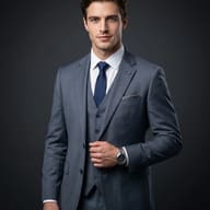 Corporate Man in Grey Suit AI Photo Editing Prompt. AI generated studio portrait of a handsome man wearing a tailored three-piece grey suit and navy tie against a dark background.