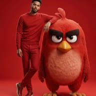 Man in Red with Angry Bird AI Photo Editing Prompt. AI generated 3D digital illustration of a man in all-red attire leaning on a large, realistic Red Angry Bird character against a solid red background.
