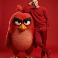 Man in Red and Angry Bird Fashion Photography Prompt. AI generated digital illustration portrait of a man in red attire leaning on a large, realistic red Angry Bird character against a solid red background.