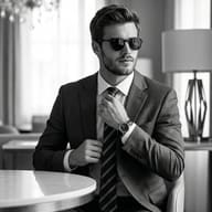 AI generated black and white portrait of a sophisticated man in a grey suit and sunglasses adjusting his striped tie.