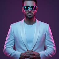 Man in White Suit with Neon Glasses AI Photo Editing Prompt. AI generated studio portrait of a bearded man in a white blazer and futuristic LED sunglasses illuminated by pink and purple neon lighting.