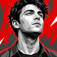 Man Vector Portrait AI Photo Editing Prompt. AI generated digital illustration of a man with dark hair looking upward in a sharp, geometric monochromatic style against a vibrant red abstract background.