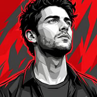 Man Looking Up Red Vector AI Photo Editing Prompt. AI generated digital vector illustration of a dark-haired man gazing upward against a sharp red and black abstract background.