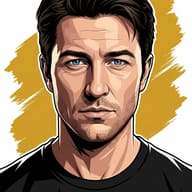 AI generated digital illustration of a dark-haired man with blue eyes wearing a black t-shirt against a yellow brushstroke background.