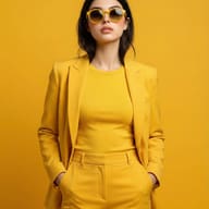 Woman in Yellow Monochrome Suit AI Photo Editing Prompt. AI generated studio portrait of a young woman wearing a yellow blazer, t-shirt, and sunglasses against a matching yellow background.