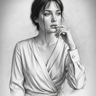 Pensive Woman Pencil Sketch AI Photo Editing Prompt. AI generated pencil sketch portrait of a woman with dark hair in a pensive pose wearing a long-sleeved wrap blouse.